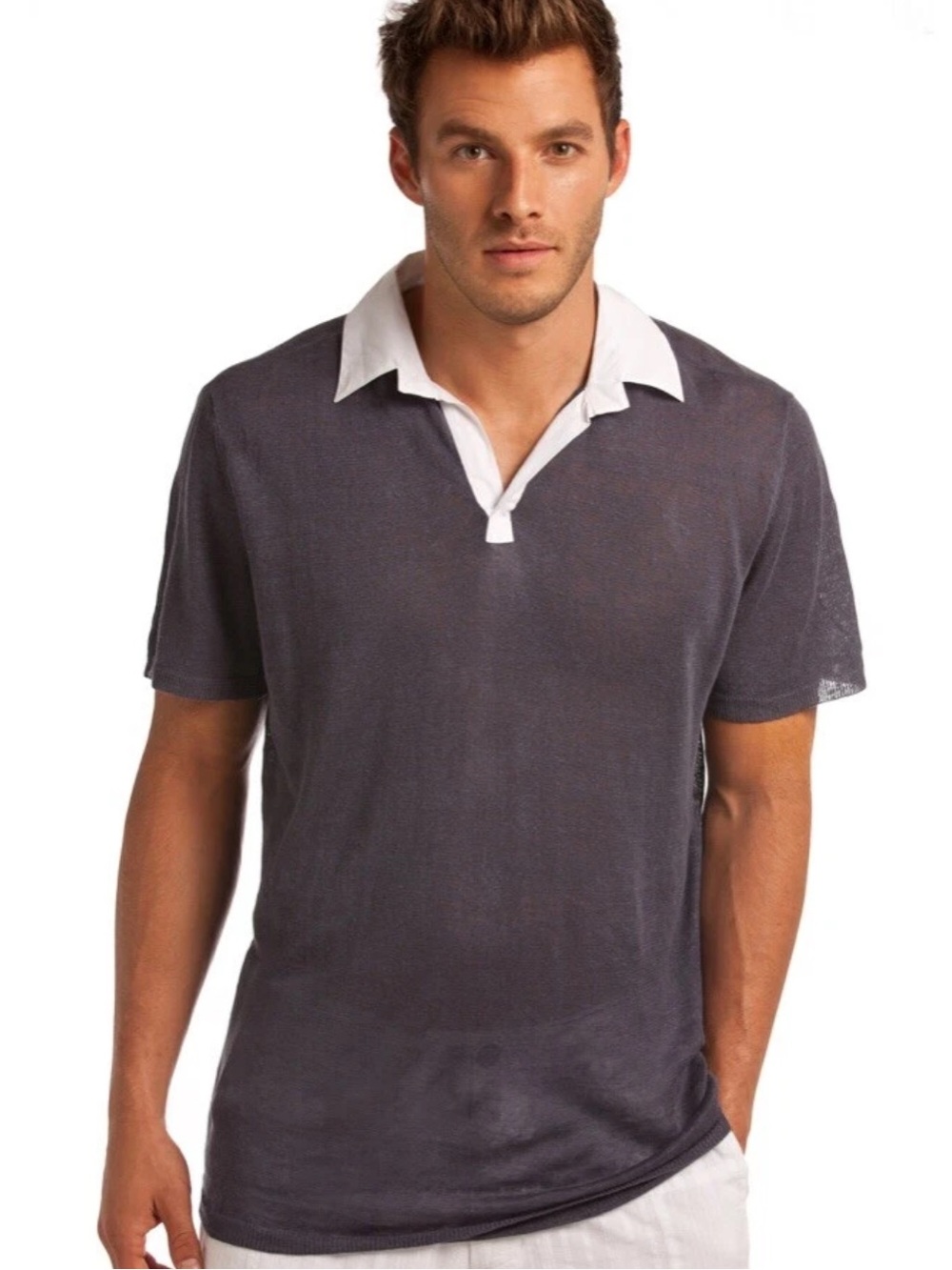 NWT Men's Polo Shirt in Blue with White Collar M Linen Island Cotton